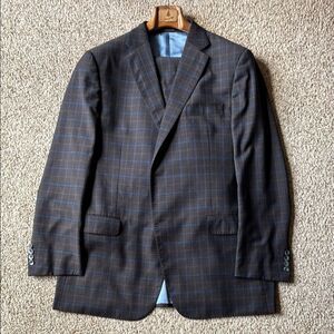*Luxury* J. Hilburn Brown Blue Plaid 2 Btn Lightweight Flannel Wool Suit 46